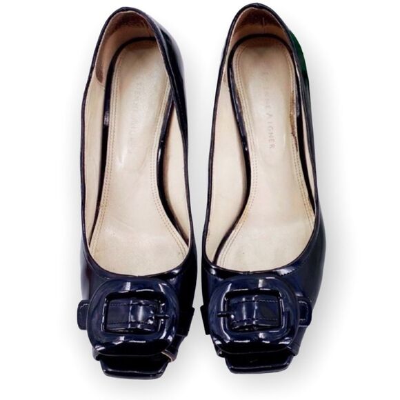 Etienne Aigner Black Patent Leather Peep Toe Pumps With Buckles Size 6.5 - Picture 2 of 8